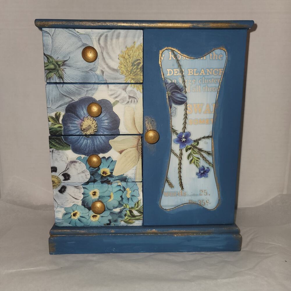 BLUE Hand-painted dry rub floral gold Custom 4 drawer jewelry box trinket stash